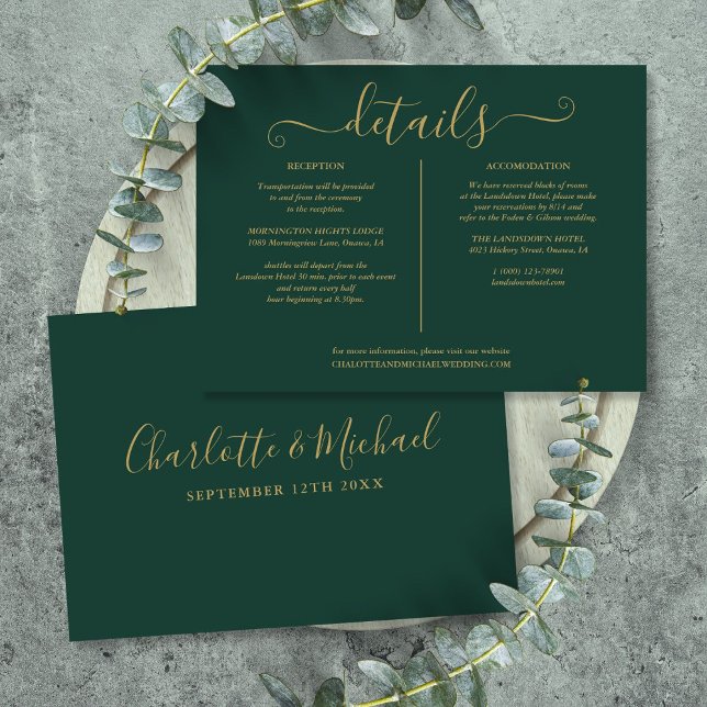 Cartão De Informações Informações Sobre Detalhes De Casamento Dourado E  (Emerald Green And Gold Wedding Details Information Enclosure Card)