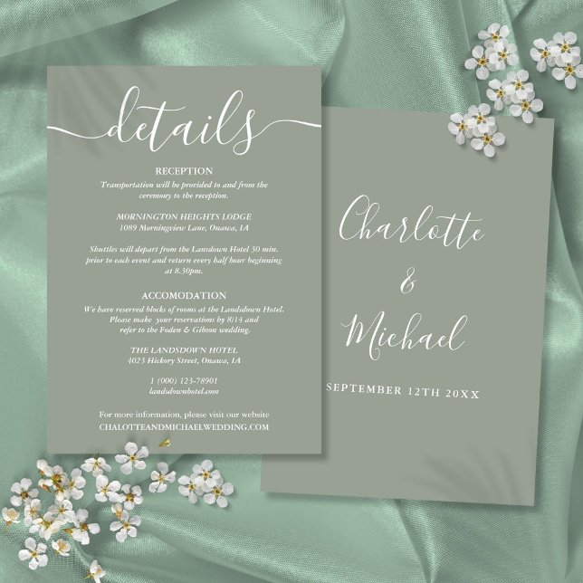 Cartão De Informações Informações sobre Detalhes do Casamento Verde do S (Script Sage Green Wedding Details Information Enclosure Card)