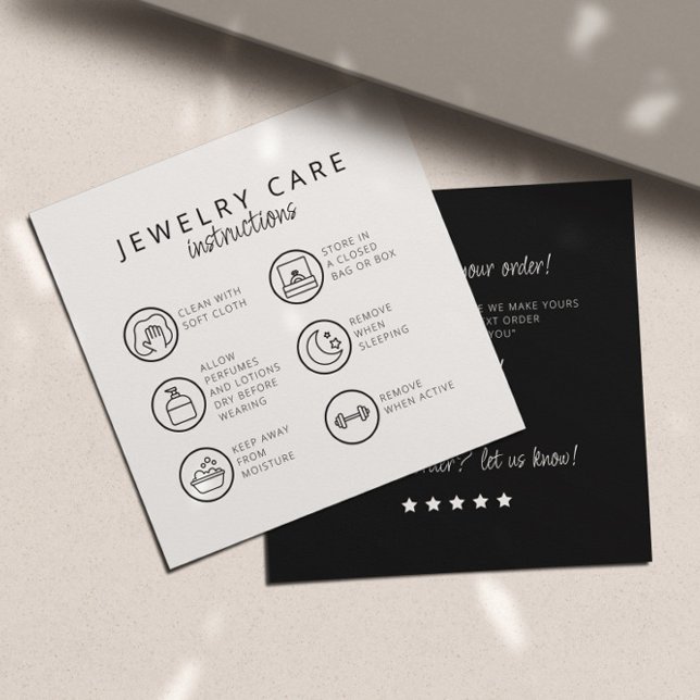 Cartão De Informações Instruções de Cuidados com Joias Preto Neutro Obri (Criador carregado)