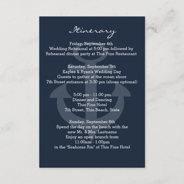 Cartão De Informações Intinerário Azul do Marinho âncora (Frente)