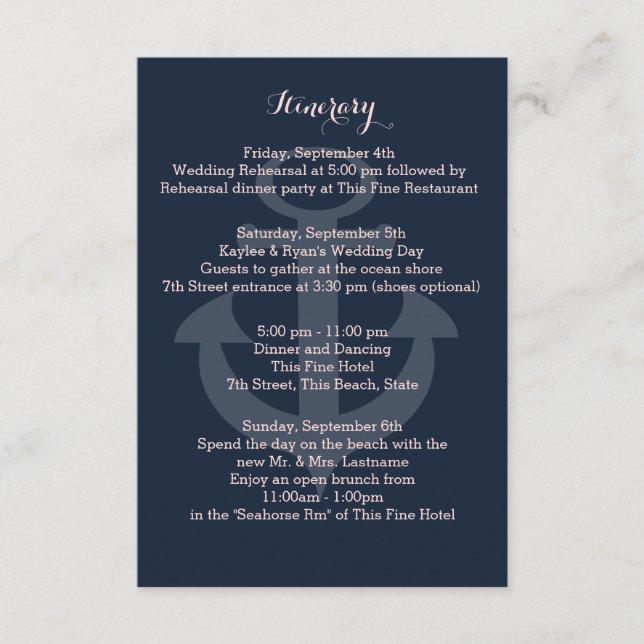 Cartão De Informações Intinerário Azul do Marinho âncora (Frente)