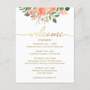 Cartão De Informações Itinerário de Casamento Roteiro Dourado Com Rosas