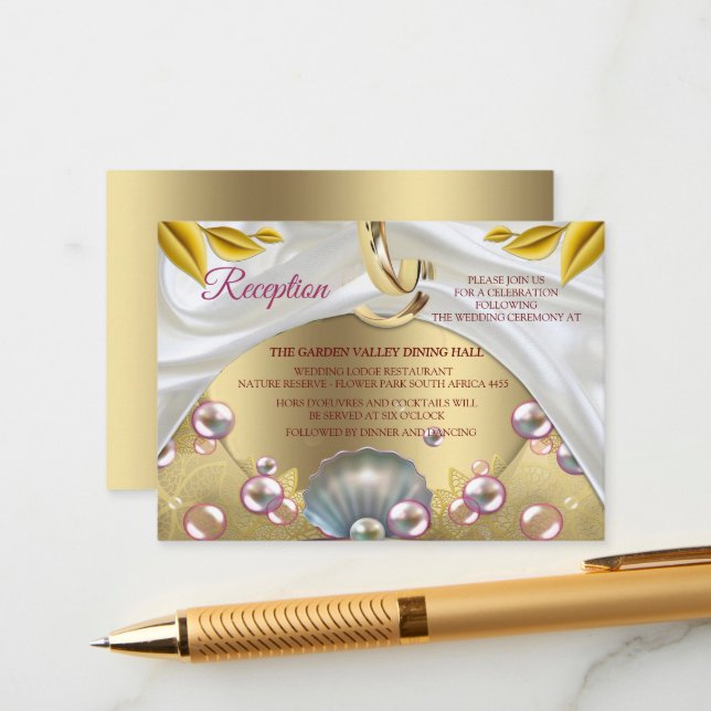 Cartão De Informações Ivory Silk, Dourados rendas e pérolas e mármore (Frente/Verso In Situ)