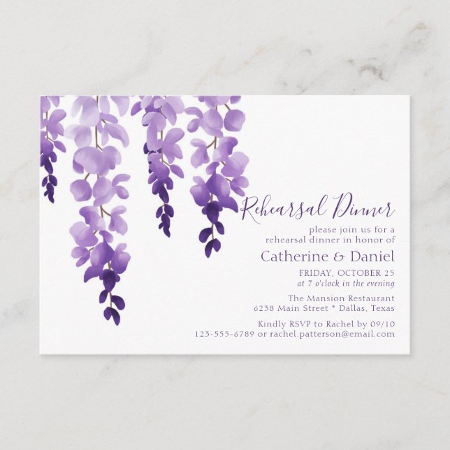 Cartão De Informações Janto de Ensaio de Casamento de Wisteria Watercolo (Frente)