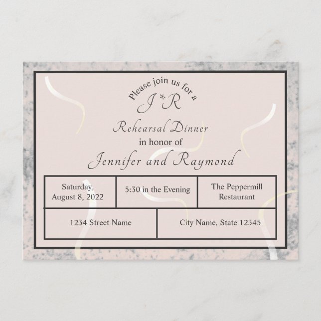 Cartão De Informações Janto de Ensaio Monograma de Pêssego e Cinza (Frente)