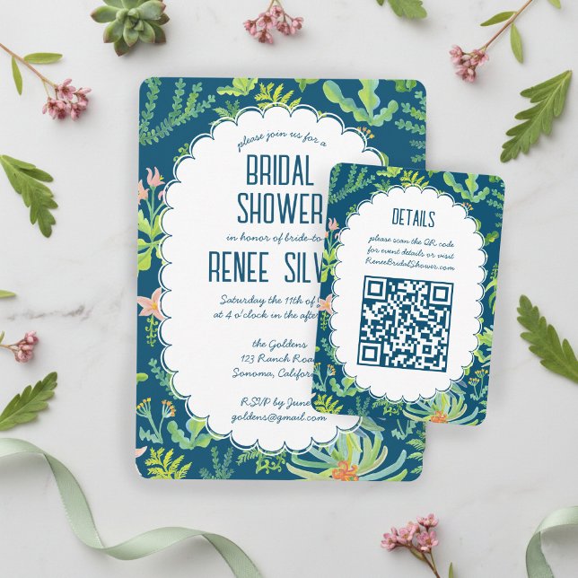 Cartão De Informações Jardim da Selva Aquarela Código QR Personalizado C (Jungle Garden Watercolor hand-painted Custom QR BRIDAL SHOWER Enclosure Card
)