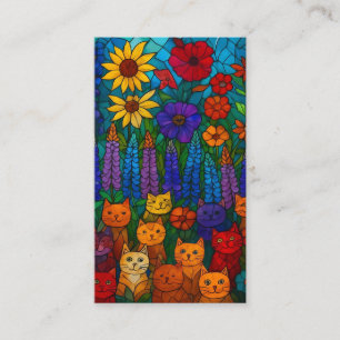 Cartão De Informações Jardim de Gatos Arte de Gato em Vitral com Flores