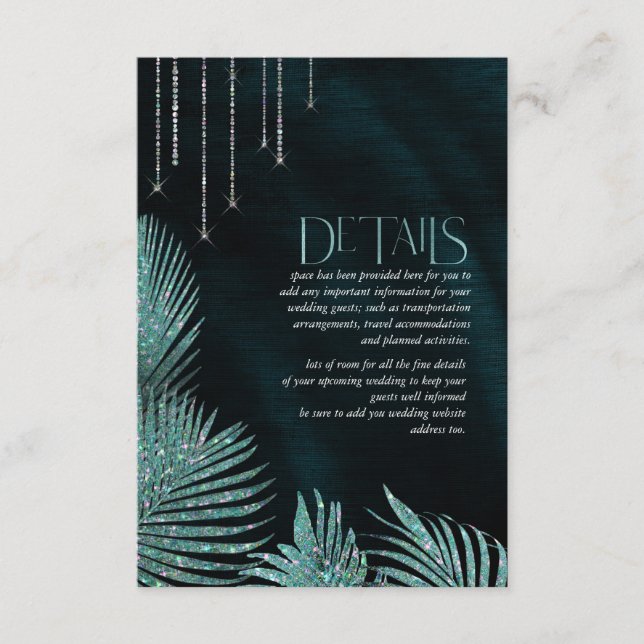 Cartão De Informações Jewel Palm Leaf Wedding Details Teal ID830 (Frente)