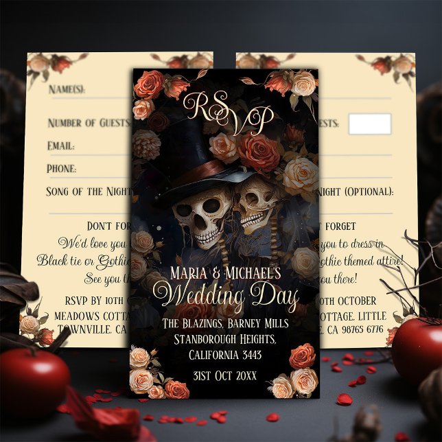 Cartão De Informações Kissing Skeletons RSVP Casamento Gótico (Criador carregado)