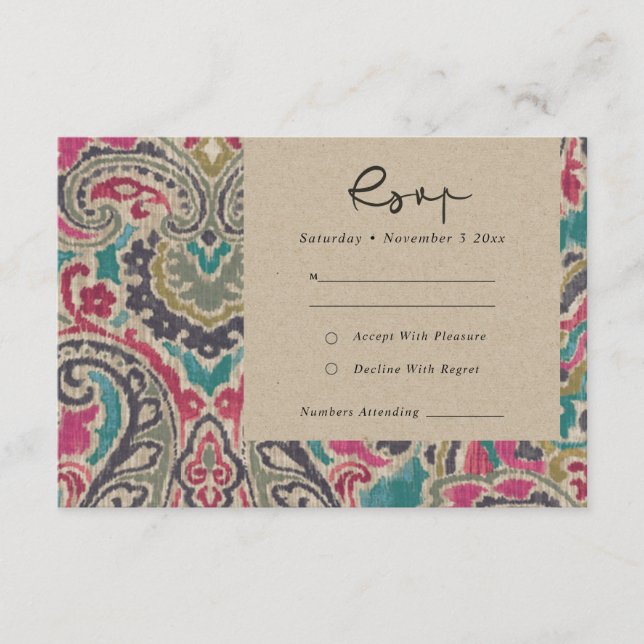 CARTÃO DE INFORMAÇÕES KRAFT BOHO TRIBAL IKAT PINK TEAL WEDT RSVP (Frente)