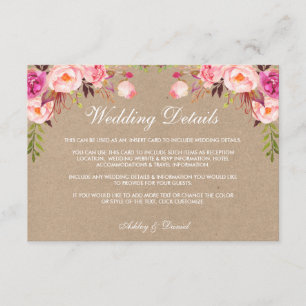Cartão De Informações Kraft Floral Pink Detalhes do Casamento Inserir Ca