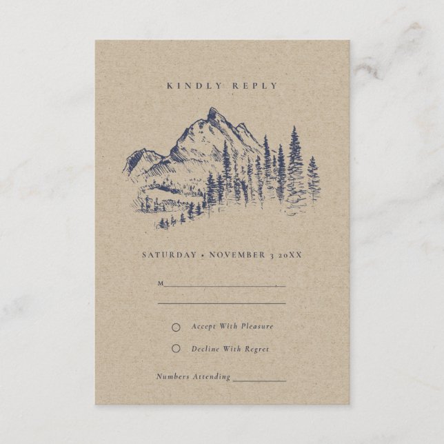 Cartão De Informações Kraft Pine Woods Mountain Sketch Casamento RSVP (Frente)