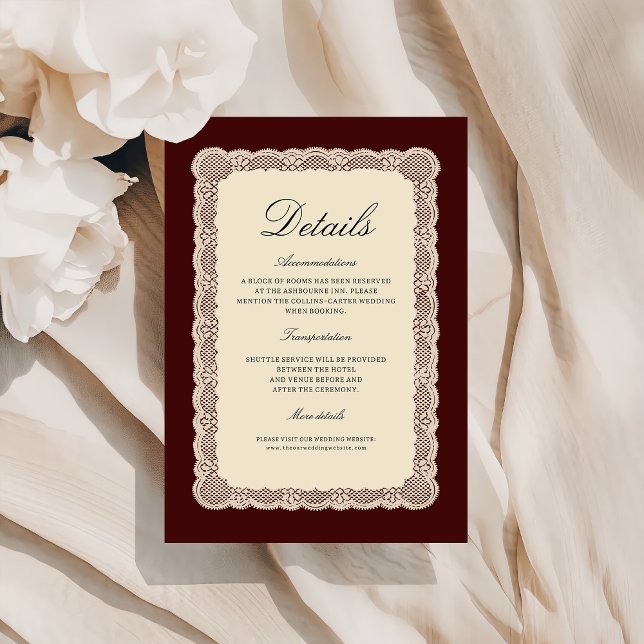 Cartão De Informações Lace Burgundy Wedding Details Enclosure Card (Criador carregado)