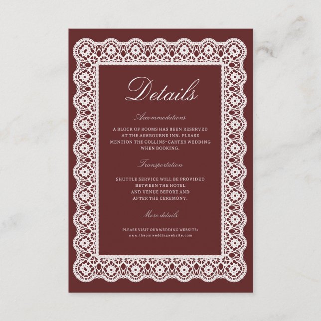 Cartão De Informações Lace Burgundy Wedding Details Enclosure Card (Frente)