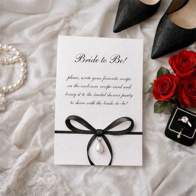 Cartão De Informações Laço Preto Com Pérola Estilo Old Money Chuveiro de (Black Bow With Pearl Old Money Style Bridal Shower Enclosure Card)
