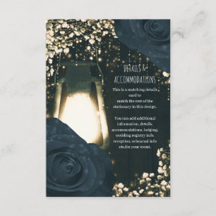 Cartão De Informações Lâmpada Rustic Glow Azul Rosas Pretas Casamento