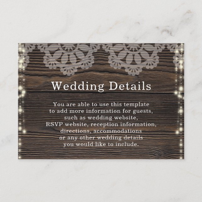 Cartão De Informações Lâmpadas Rustic Wood String DETALHES DE Casamento (Frente)