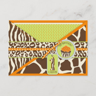 Cartão De Informações Laranja Safari e Cupcake Primeiro Aniversário