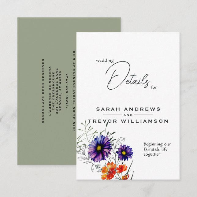 Cartão De Informações Laranja Vibrante e Flores Selvagens Roxas (Frente/Verso)