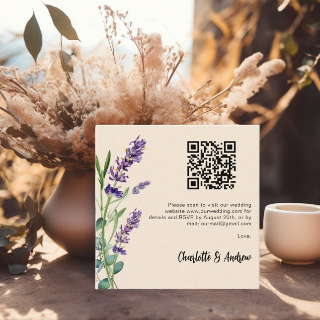 Cartão De Informações Lavanda floral bege Código QR casamento RSVP (Criador carregado)