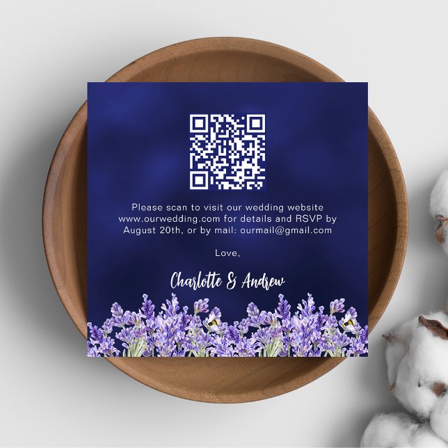 Cartão De Informações Lavanda floral marinho azul QR código de casamento (Criador carregado)