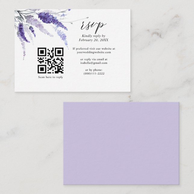 Cartão De Informações Lavanda Floral QR Code Lilac Wedding RSVP (Frente/Verso)