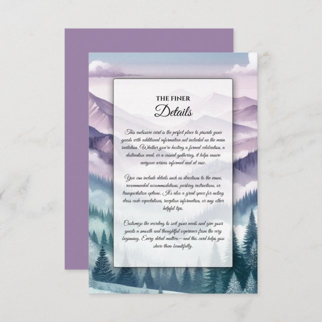 Cartão De Informações Lavanda Frost no Casamento de Névoa Alpina (Frente/Verso)