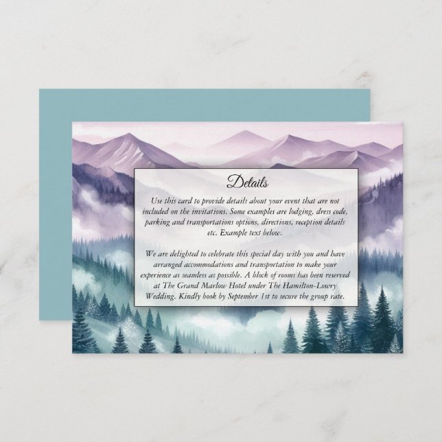 Cartão De Informações Lavanda Frost no Casamento de Névoa Alpina (Frente/Verso)