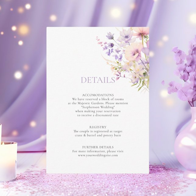 Cartão De Informações Lavanda Jardim Púrpura FloresCasamento (Lavender Purple Garden WildFlowers DETAILS Wedding Enclosure Card)