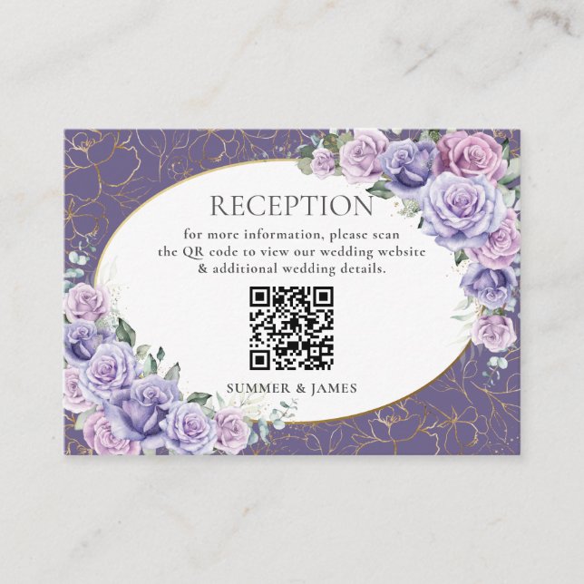 Cartão De Informações Lavanda Lilar Roxo Recepção de casamento Floral QR (Frente)