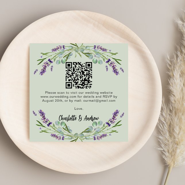 Cartão De Informações Lavanda verde de código QR casamento RSVP (Criador carregado)