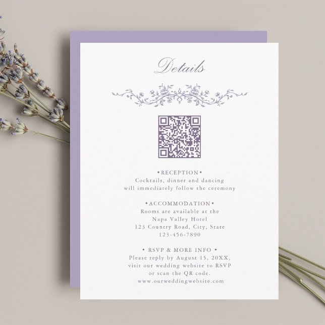 Cartão De Informações Lavender Floral Border QR Code Wedding Details (Criador carregado)