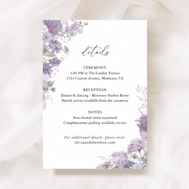 Cartão De Informações Lavender Floral Wedding Details, Information (Lavender floral wedding details card with watercolor hydrangea, lilac, elegant wedding stationery)