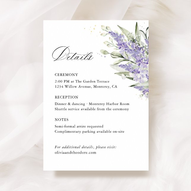 Cartão De Informações Lavender Sage Green Floral Wedding Details (Lavender & sage green floral wedding details card with watercolor flower, elegant wedding stationery)