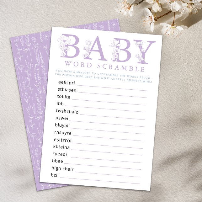 Cartão De Informações Lavender Wildflower Baby Shower Word Game Card (Baby Shower Game - Lavender)