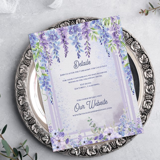 Cartão De Informações Lavender Wisteria Floral Arch Wedding Details (Lavender Wisteria Floral Arch Wedding Details Card | Purple Garden Wedding Information Enclosure)