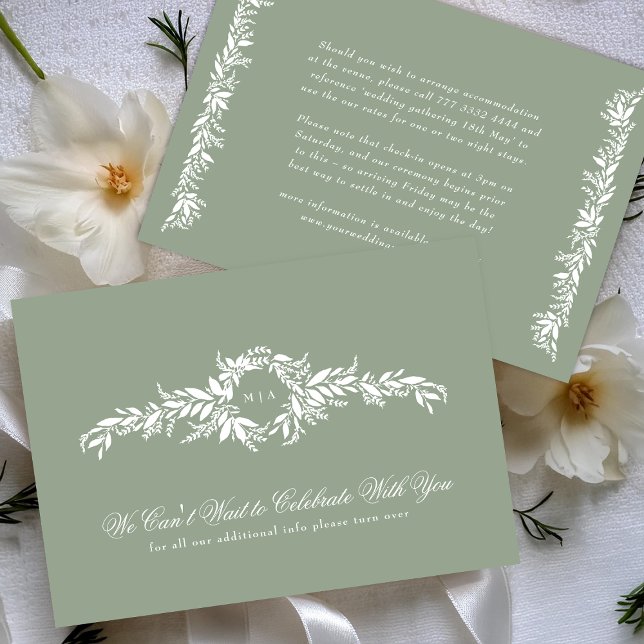 Cartão De Informações leafe detalhes elegante sage green casamento (Criador carregado)