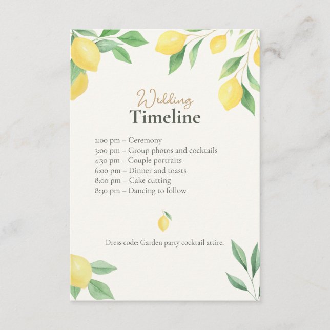 Cartão De Informações Lemon Wedding Timeline & Details Card with QR Code (Frente)