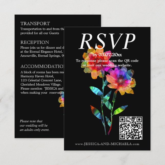 Cartão De Informações 🌈 LGBTQ  QR RSVP +Wedding Details Petals & Pride  (Frente/Verso)