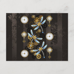 Cartão De Informações Libélulas Steampunk em fundo listrado marrom