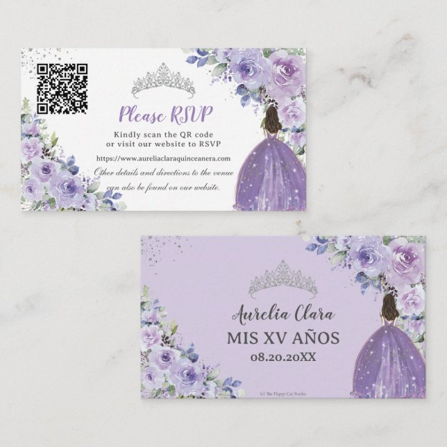 Cartão De Informações Lilac Floral Puro Quinceañera Código QR (Frente/Verso)