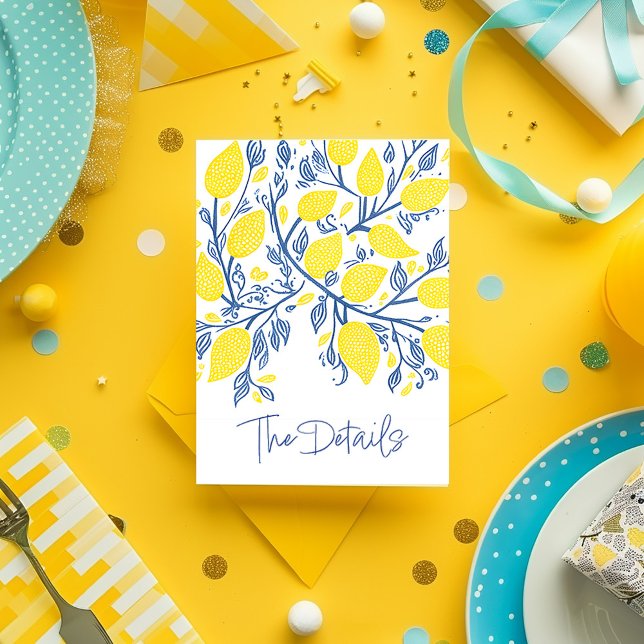 Cartão De Informações Limão amarelo, cipós azuis casam os detalhes (Bright yellow and blue lemon vines wedding enclosure card that says "The Details" in elegant script)