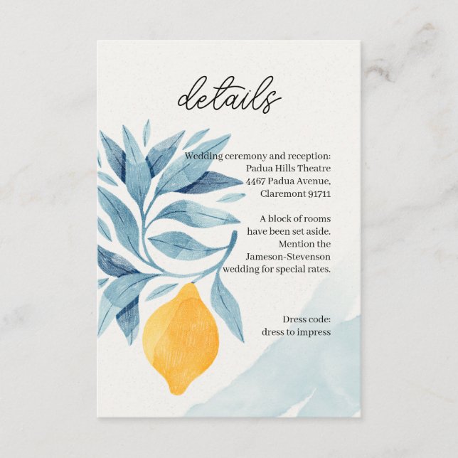 Cartão De Informações Limão com ilustração botânica das folhas azuis (Frente)