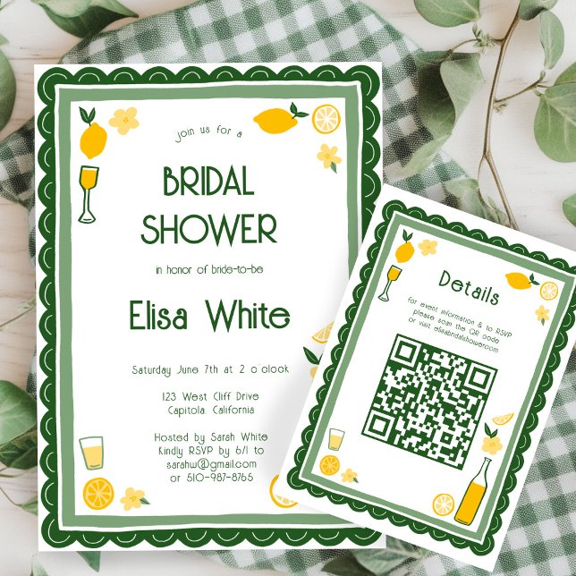 Cartão De Informações Limoncello Limonada Chuva de Presentes com QR Pers (Limoncello Lemonade Lemons CUSTOM QR Code Bridal Shower Enclosure Card
)