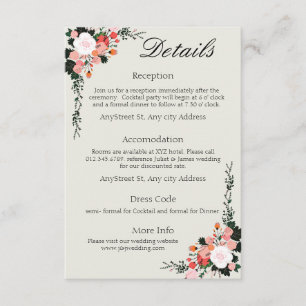 Cartão De Informações Lindo receptáculo floral rosa e branco Blush C