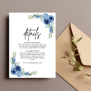 Cartão De Informações Lindos Detalhes de Casamento Floral em Azul Poeire