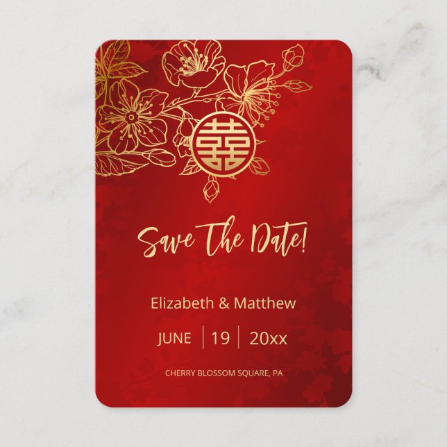 Cartão De Informações Line Art Red Chinese Weding The Date Card (Frente)