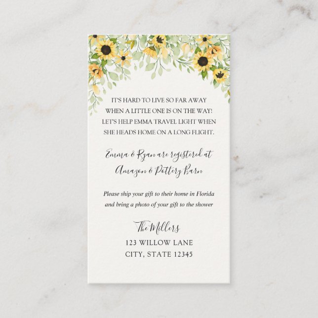 Cartão De Informações Linguado de girassol chá de fraldas de longa distâ (Frente)