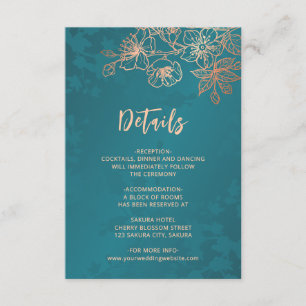 Cartão De Informações Linha de Arte Floral Rose Gold Casamento Azul Turq