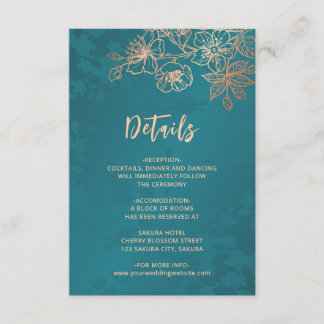 Cartão De Informações Linha de Arte Floral Rose Gold Casamento Azul Turq
